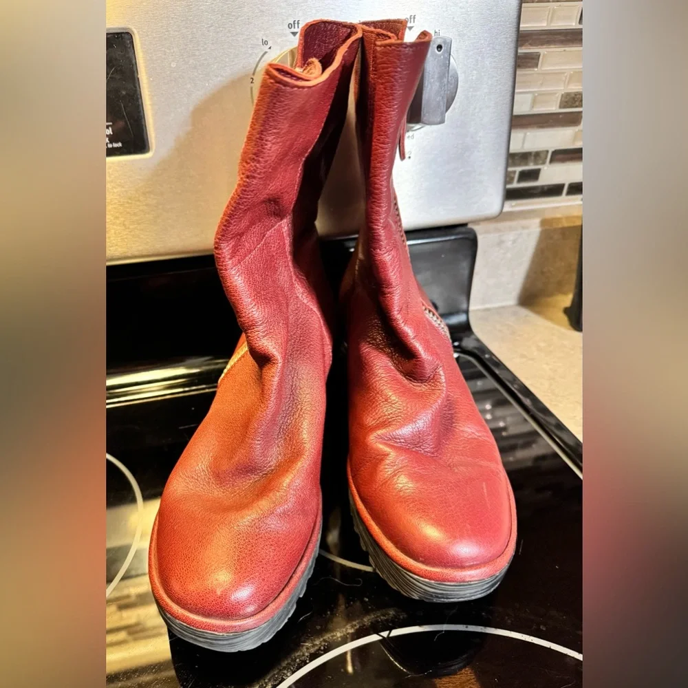 Women's Fly London Red Leather Wedge Boots - Picture 3 of 8